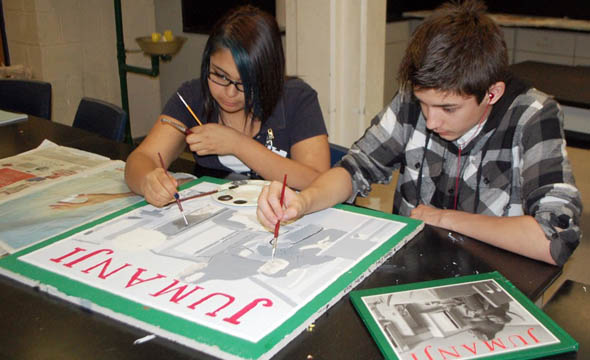 Library displays student artwork on ceiling tiles