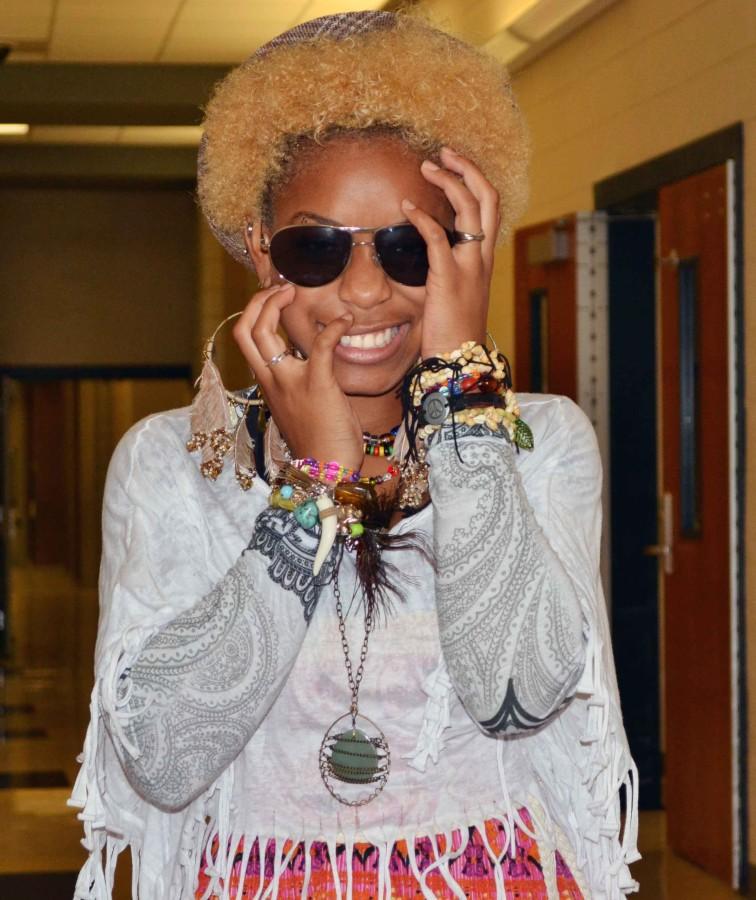 Senior Amira Johnson makes everything about fashion.  During the Homecoming Retro Spirit day she came to school wearing the fashion of the day for the years past. (Sheila Gonzalez photo)