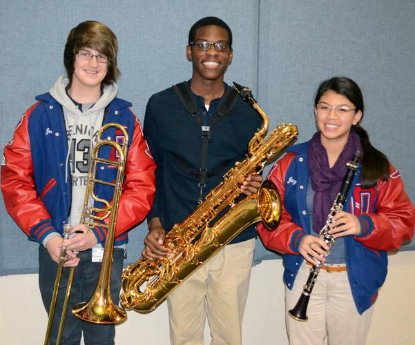 Seniors John Parker(Trombone), Derron Hollingsworth(Baratone) and Jazmine Yuen(Clarinet) were selected as part of the All-State Band which will play in a concert Feb. 13-14 in San Antonio. (Morgan Montgomery photo)