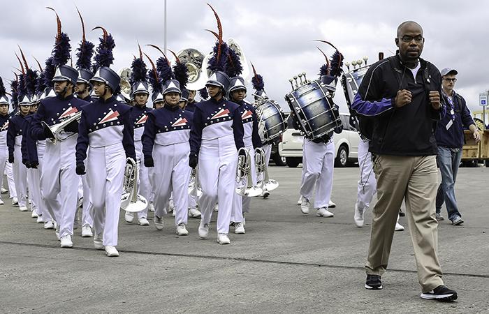 The band prepares to take the field at the Alamodome for state contest. (Alexis Rosebrock photo)
