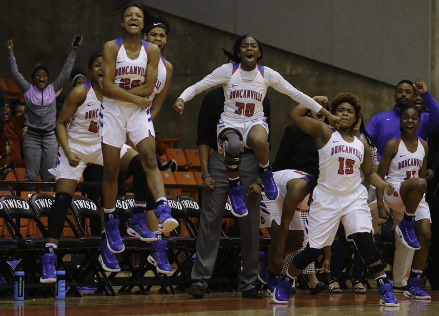 Junior Aniya Thomas goes airborne as she celebrates the Pantherettes comeback against SGP to win the Region 1 tournament earning another trip to State. (Brenda Arana photo)