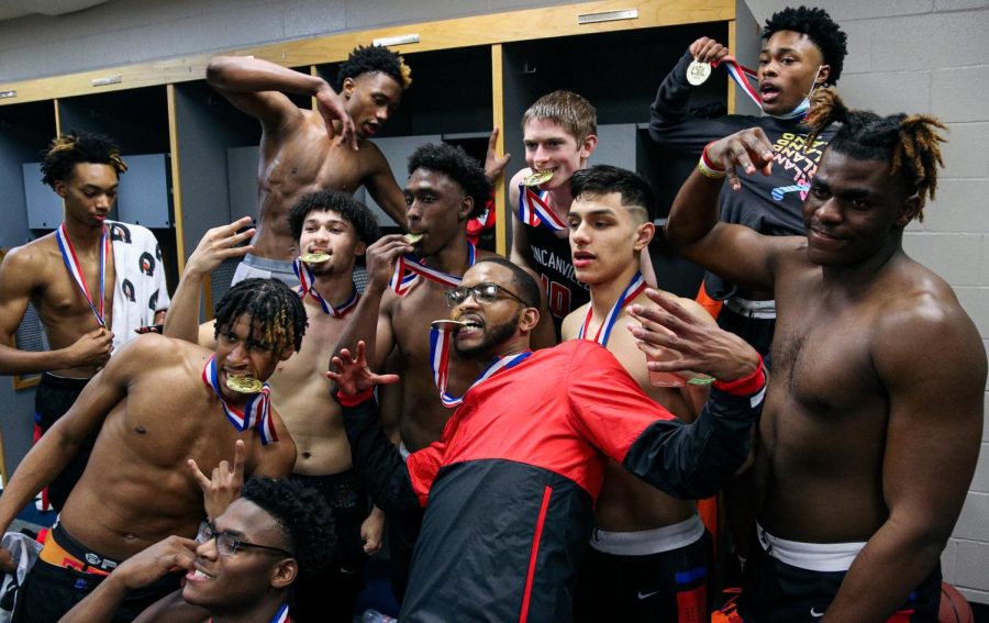 The 2021 Duncanville Panthers celebrate their 6A win in the locker room at the Alamodome in San Antonio, TX. 