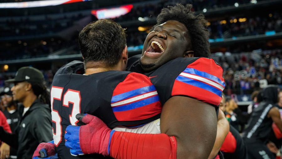 (70) Jeffrey Manns celebrates the Panthers win against North Shore in the UIL state championship game at ATT stadium in Arlington.